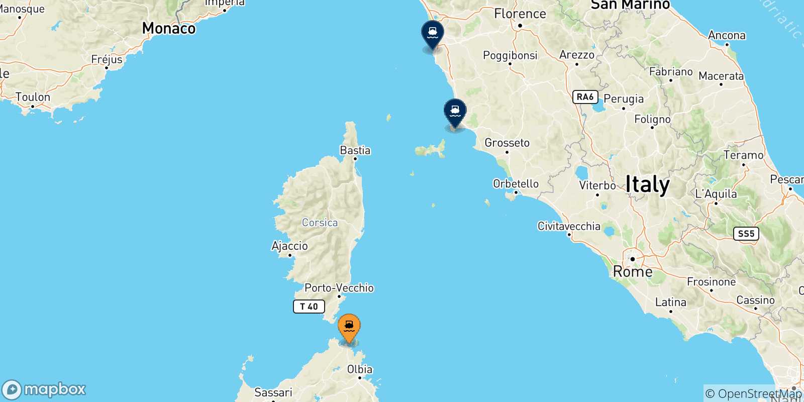 Carte des traversées possibles entre Golfo Aranci et l'Italie