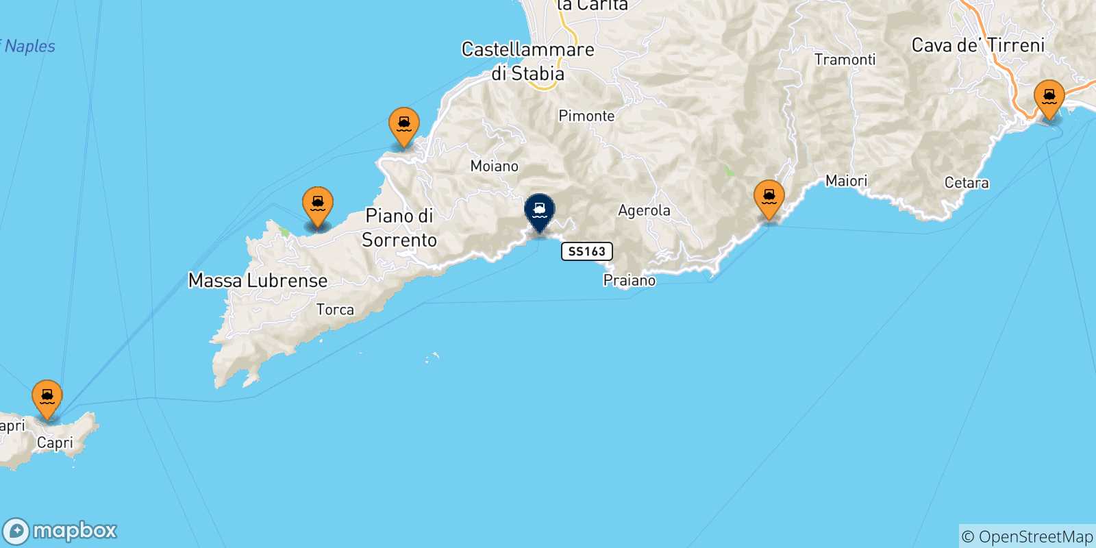 Carte des traversées possibles entre l'Italie et Positano