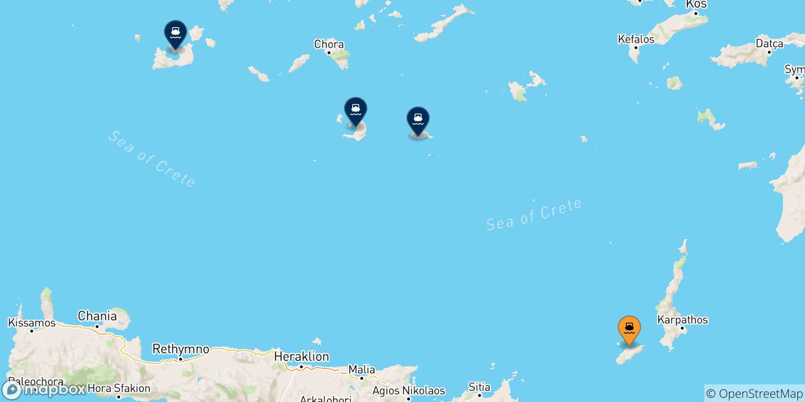Carte des traversées possibles entre Kassos et Îles Des Cyclades