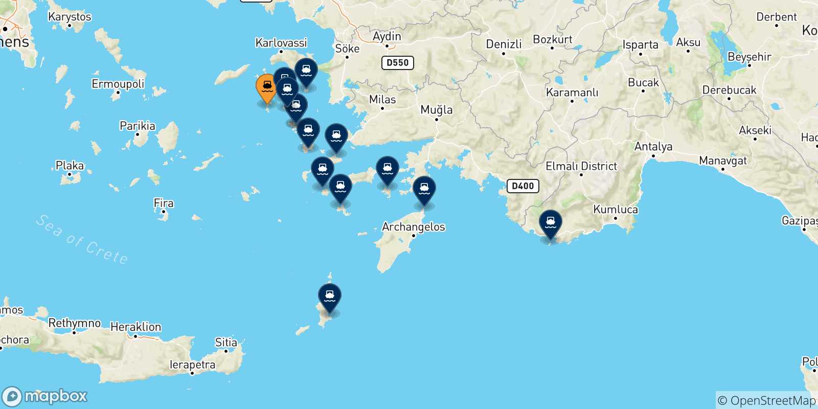 Carte des traversées possibles entre Patmos et Îles Du Dodécanèse