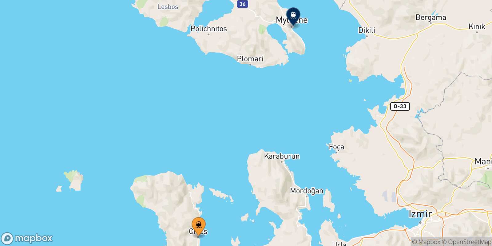 Carte des traverséesChios Mytilene (Lesvos)