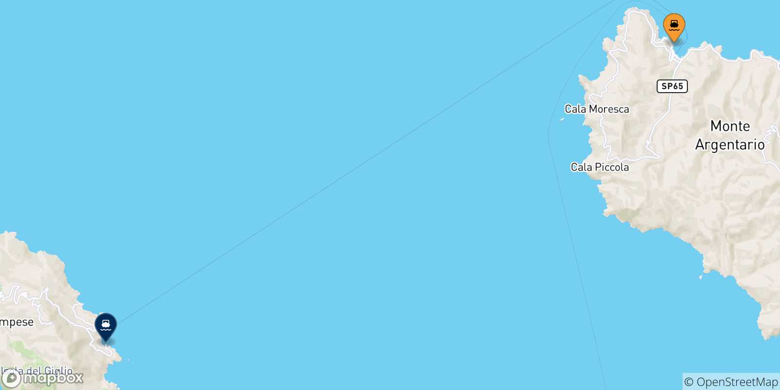 Carte des traversées possibles entre Porto Santo Stefano et l'Île Du Giglio