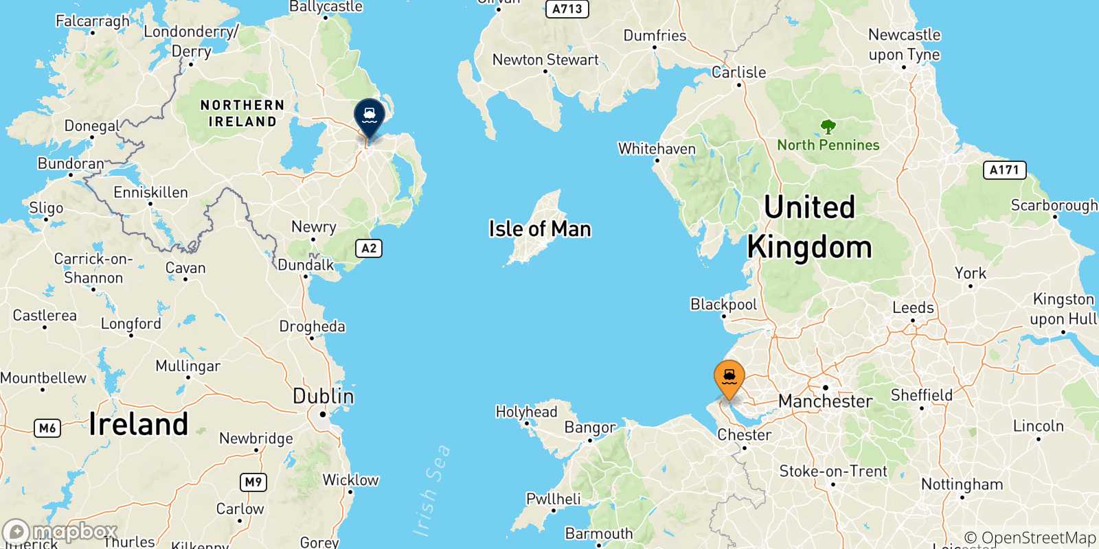 Carte des traversées possibles entre l'Angleterre et Irlande Du Nord