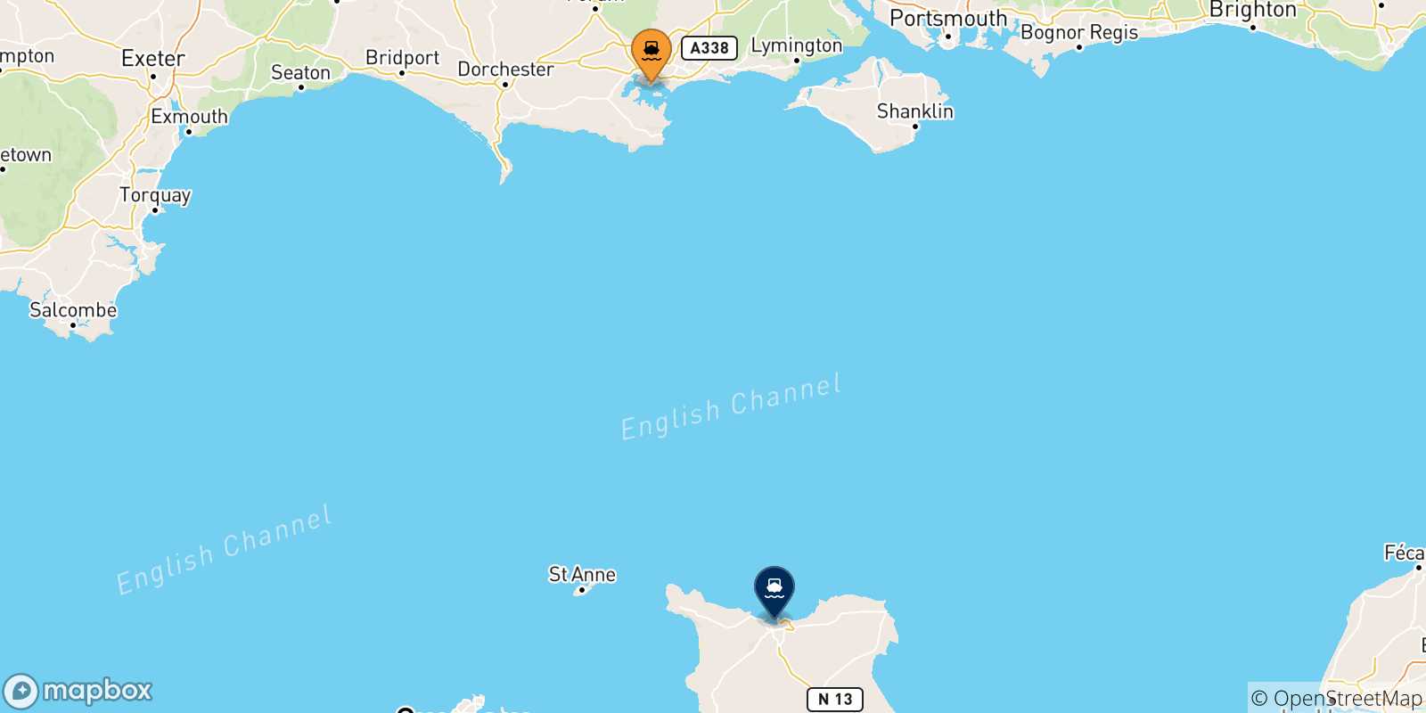 Carte des traversées possibles entre Poole et la France