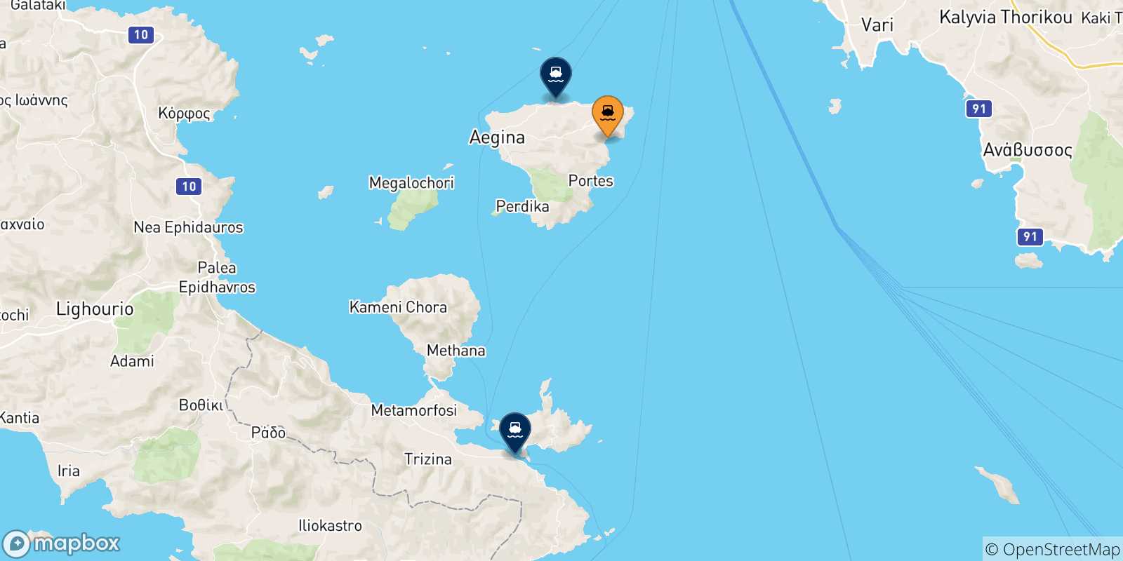 Carte des traversées possibles entre Agia Marina (Égine) et les Îles Saroniques