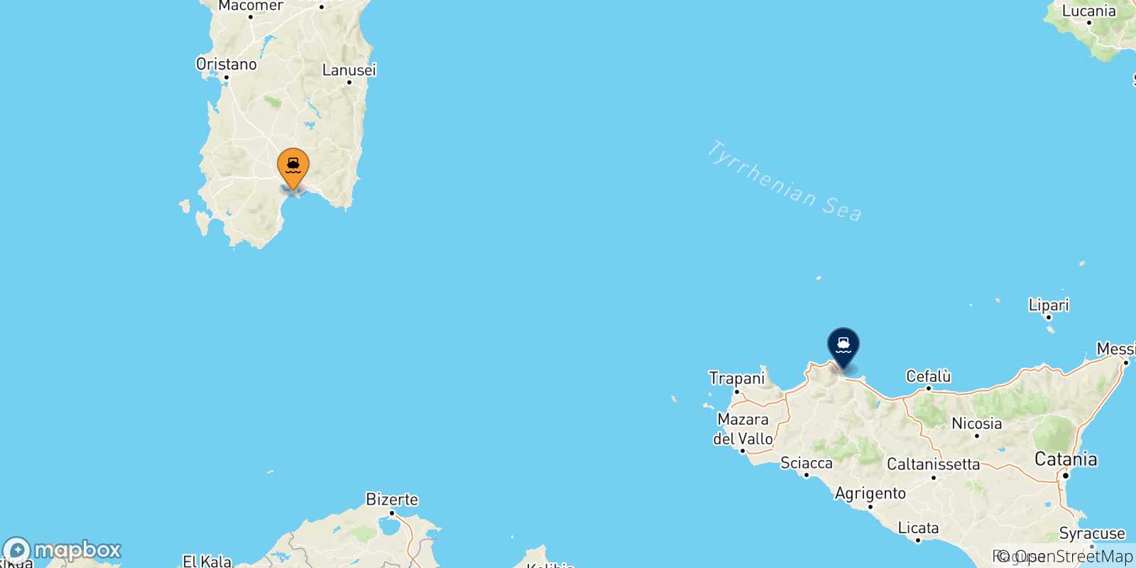 Carte des traversées possibles entre la Sardaigne et la Sicile