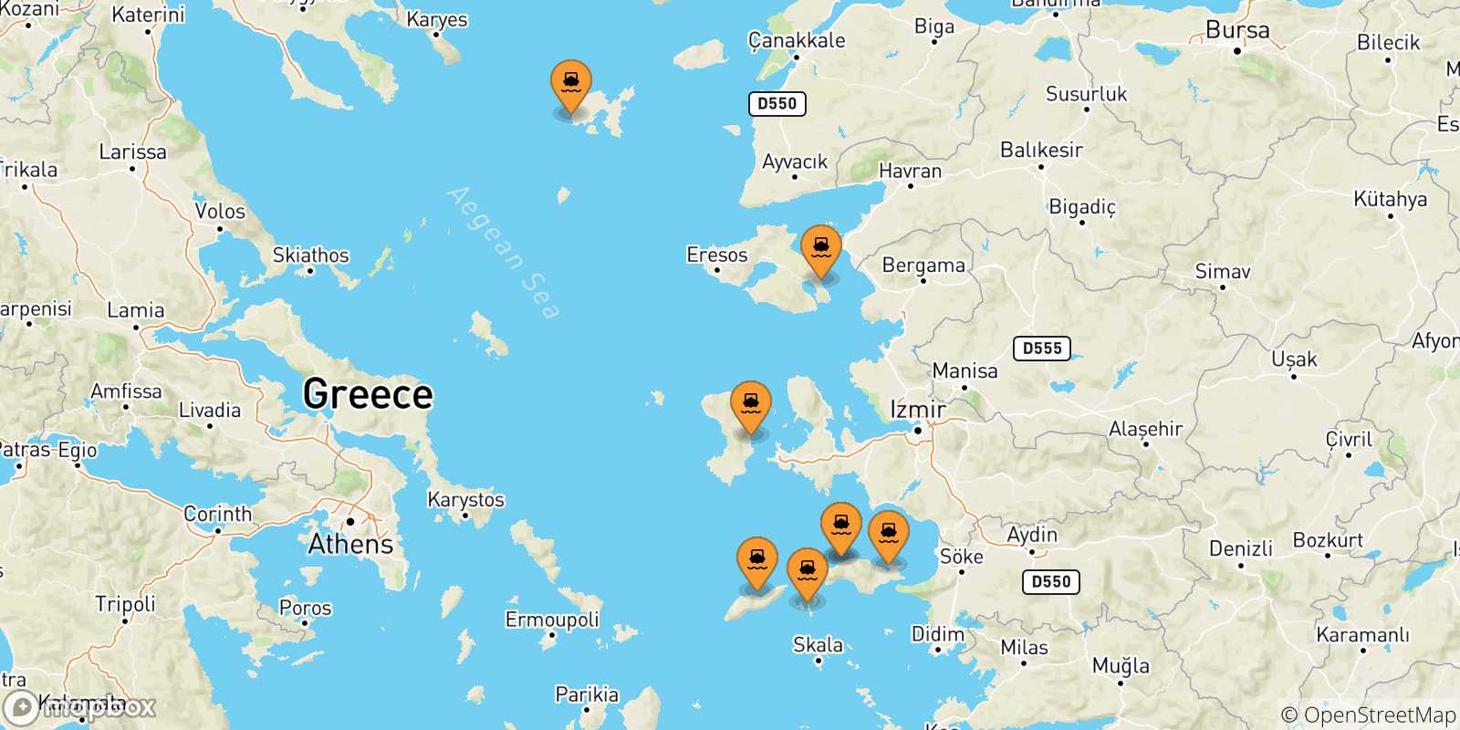 Carte des traversées possibles entre les Îles Égéennes et Agios Kirikos (Ikaria)