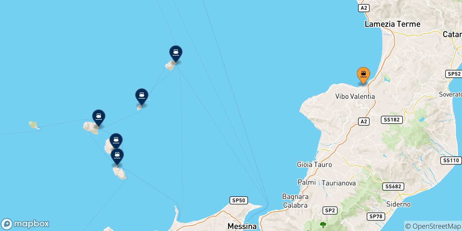 Carte des traversées possibles entre Vibo Valentia et les Îles Éoliennes