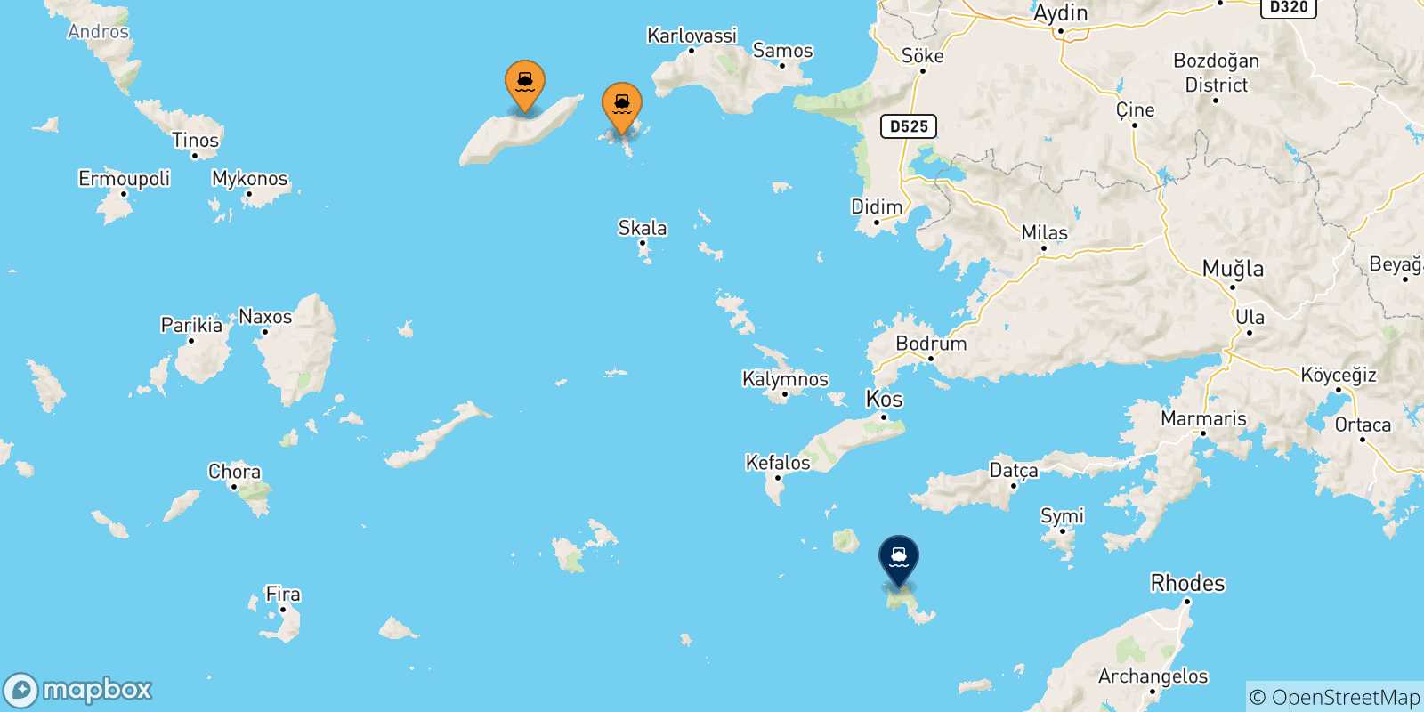 Carte des traversées possibles entre les Îles Égéennes et Tilos