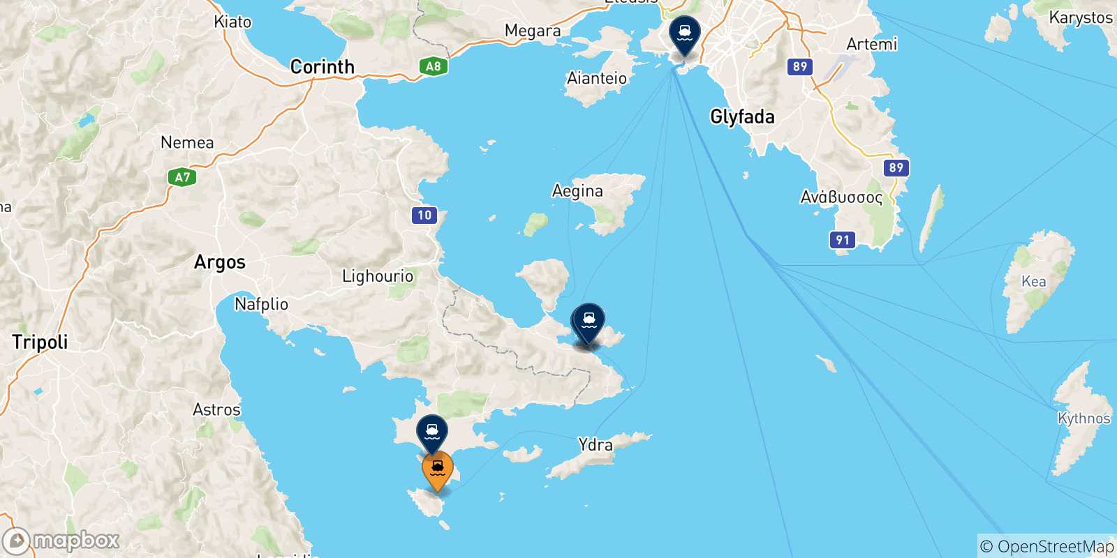 Carte des traversées possibles entre Spetses et la Grèce