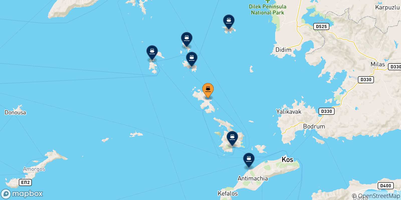 Carte des traversées possibles entre Agia Marina (Leros) et Îles Du Dodécanèse