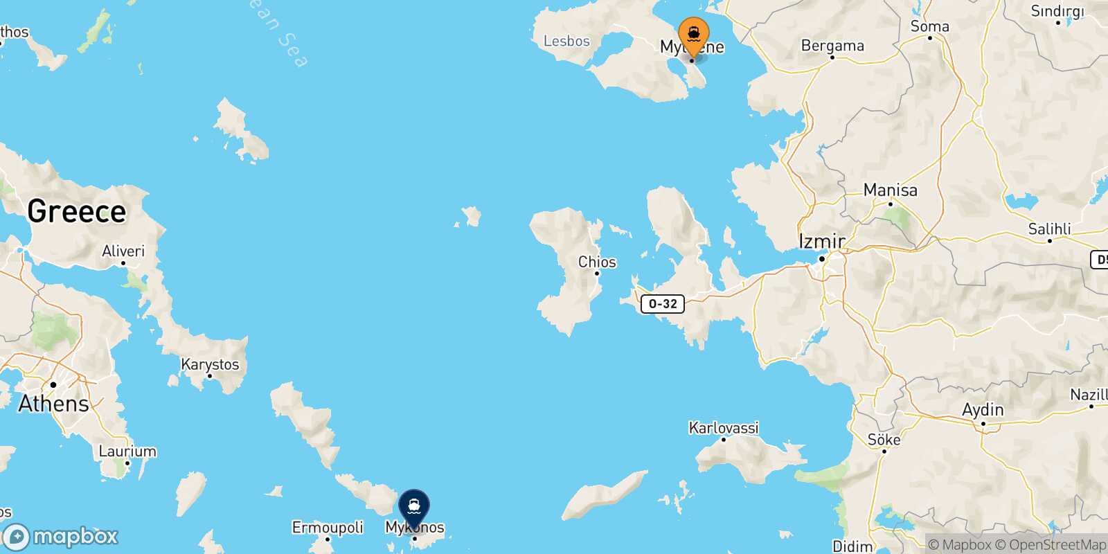 Carte des traverséesMytilene (Lesvos) Mykonos