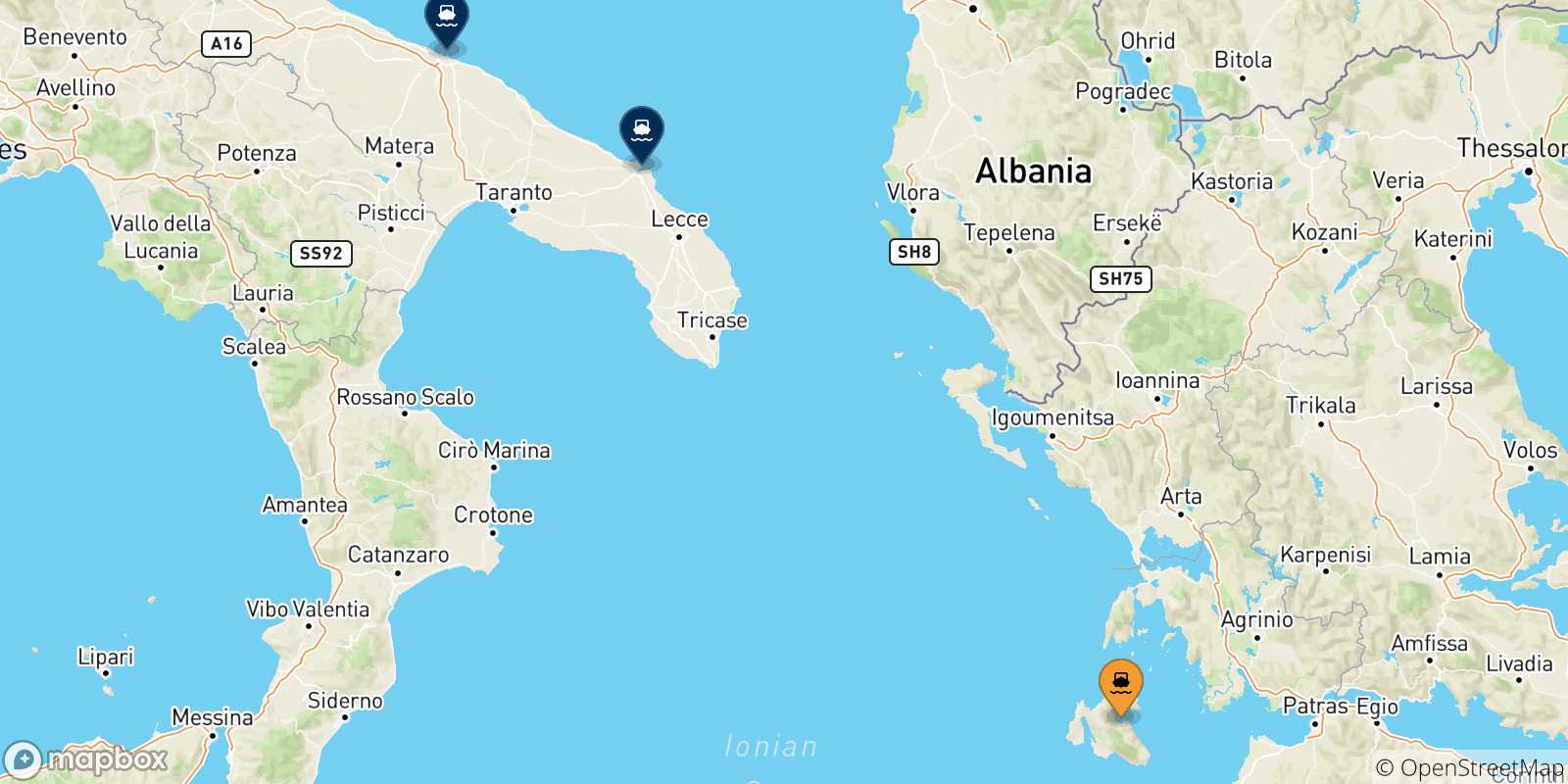 Carte des traversées possibles entre Sami (Céphalonie) et l'Italie