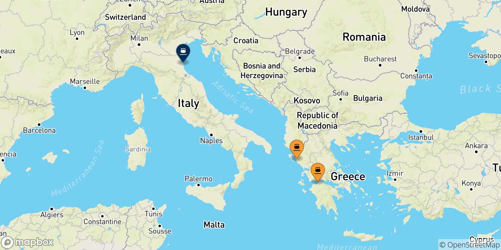 Carte des traversées possibles entre la Grèce et Ravenne