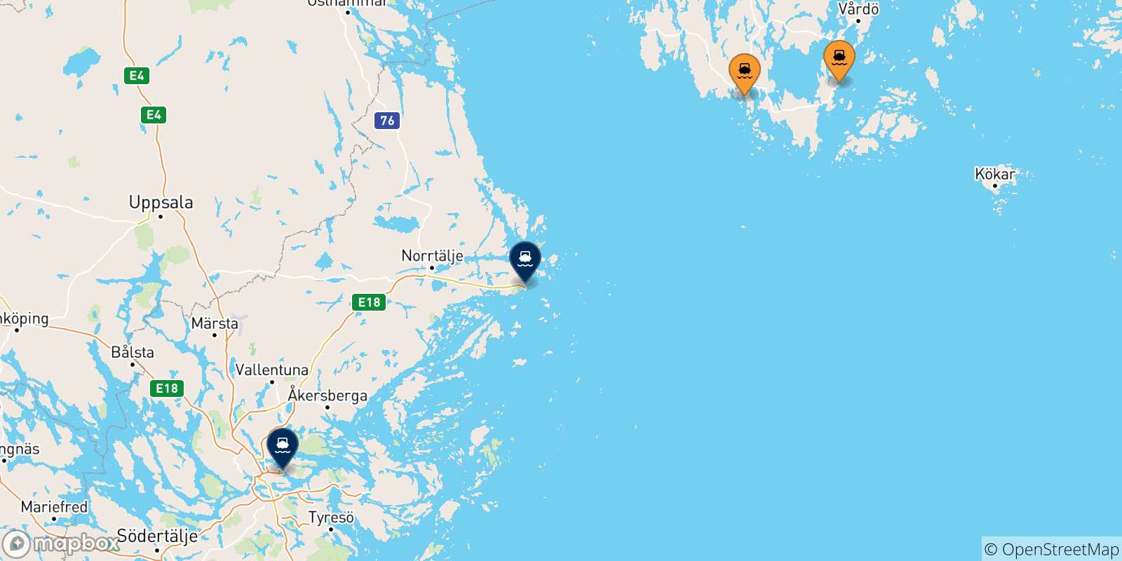 Carte des traversées possibles entre les Îles Aland et la Suède