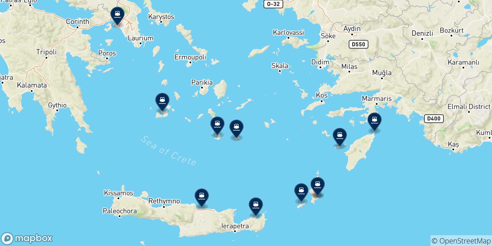 Carte des traversées possibles entre Diafani (Karpathos) et la Grèce