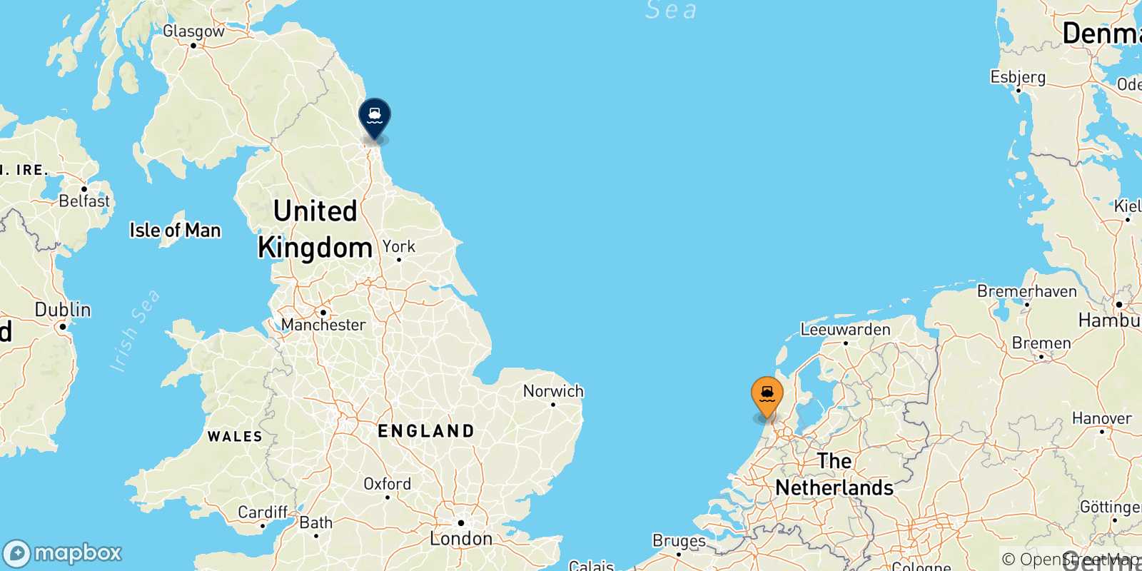 Carte des traversées possibles entre les Pays-bas et le Royaume-uni