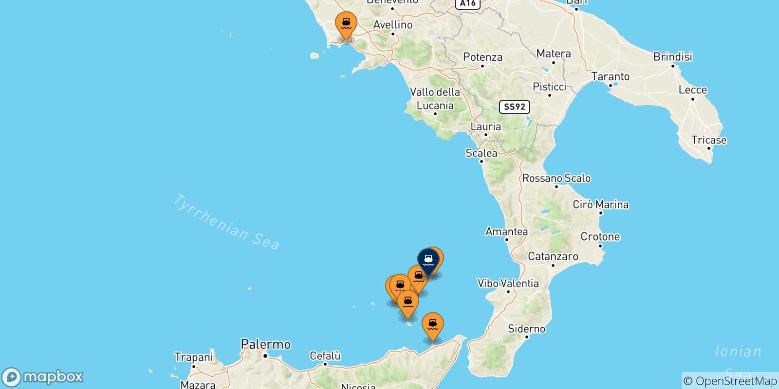 Carte des traversées possibles entre l'Italie et Ginostra (Stromboli)