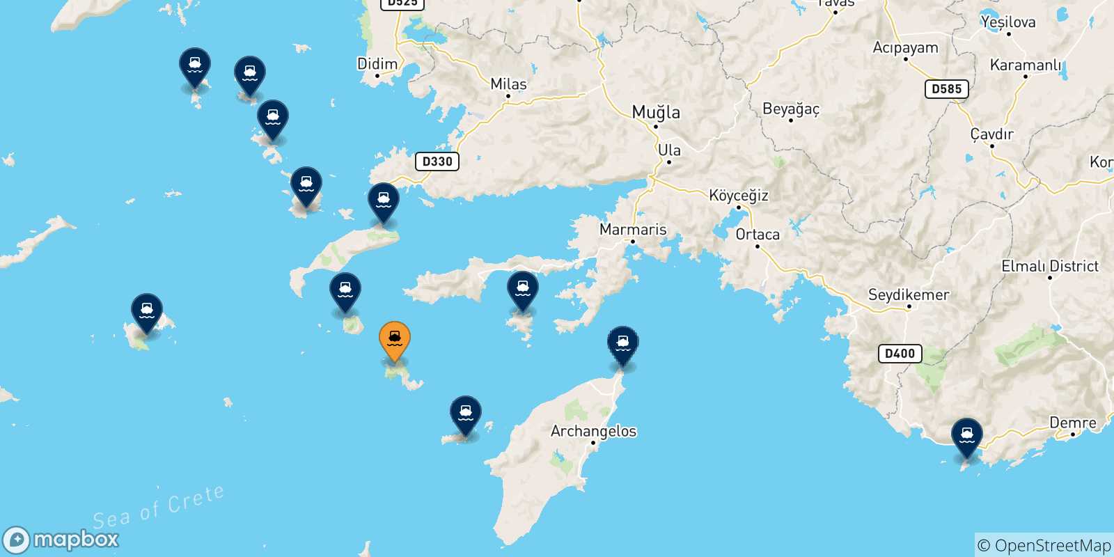 Carte des traversées possibles entre Tilos et Îles Du Dodécanèse