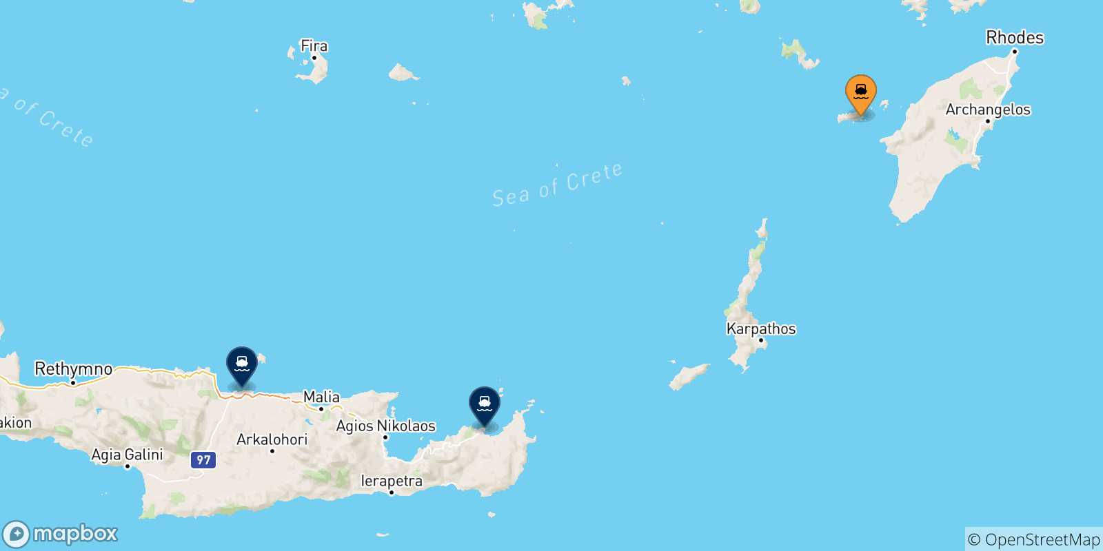 Carte des traversées possibles entre Chalki et la Crète