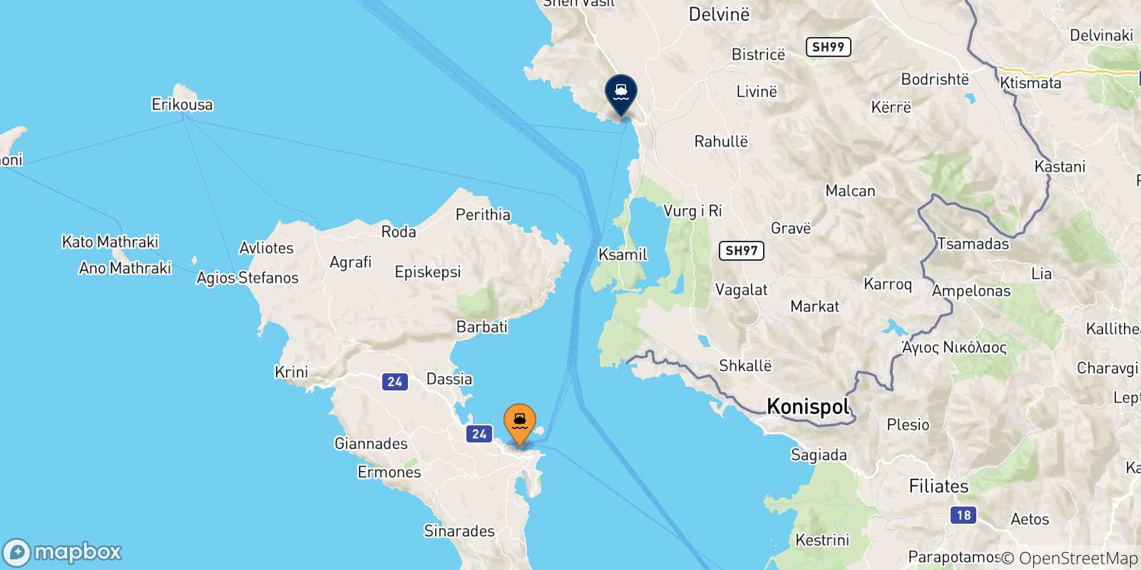 Carte des traversées possibles entre Îles Ioniennes et l'Albanie