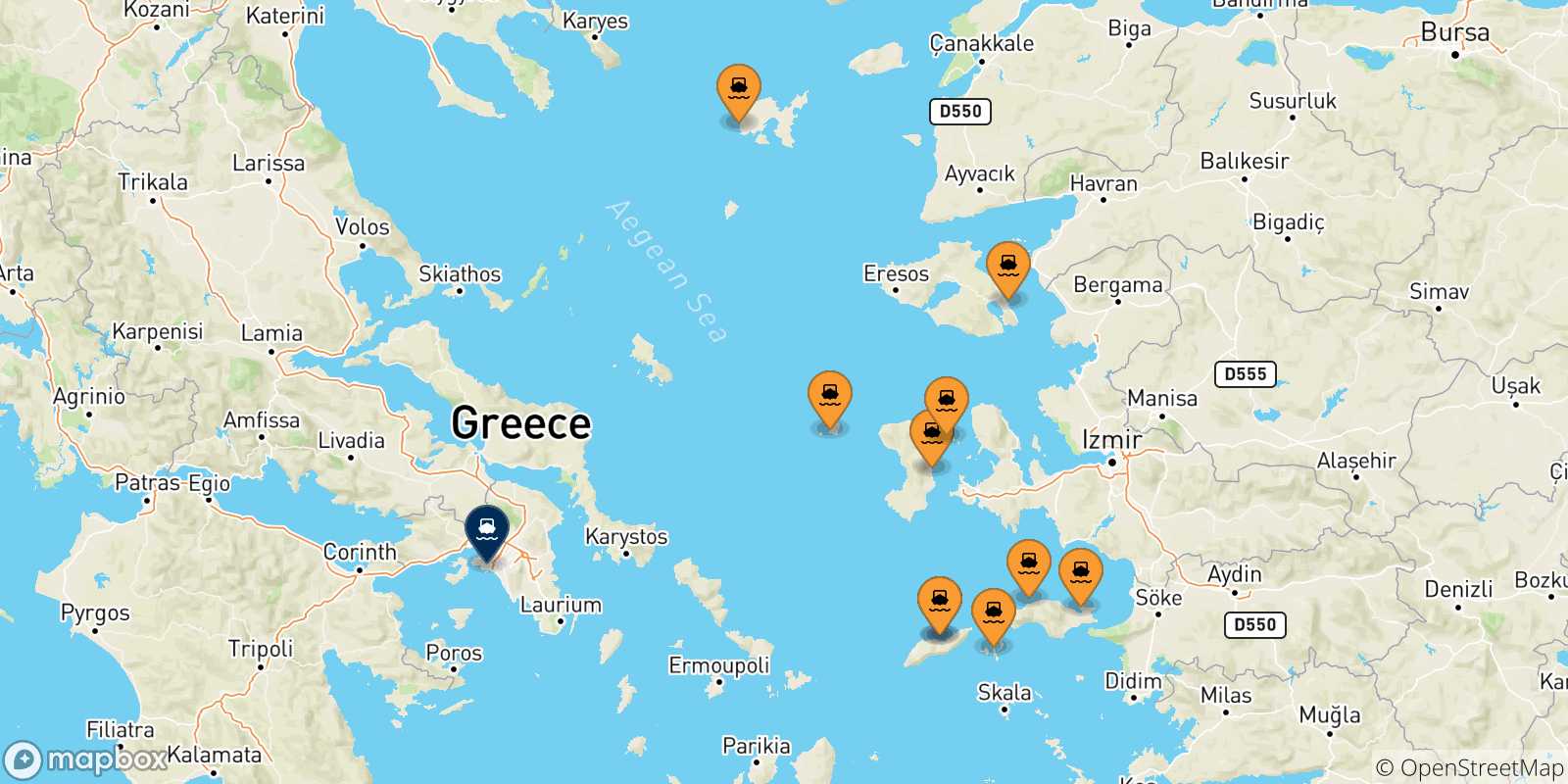 Carte des traversées possibles entre les Îles Égéennes et Le Piree