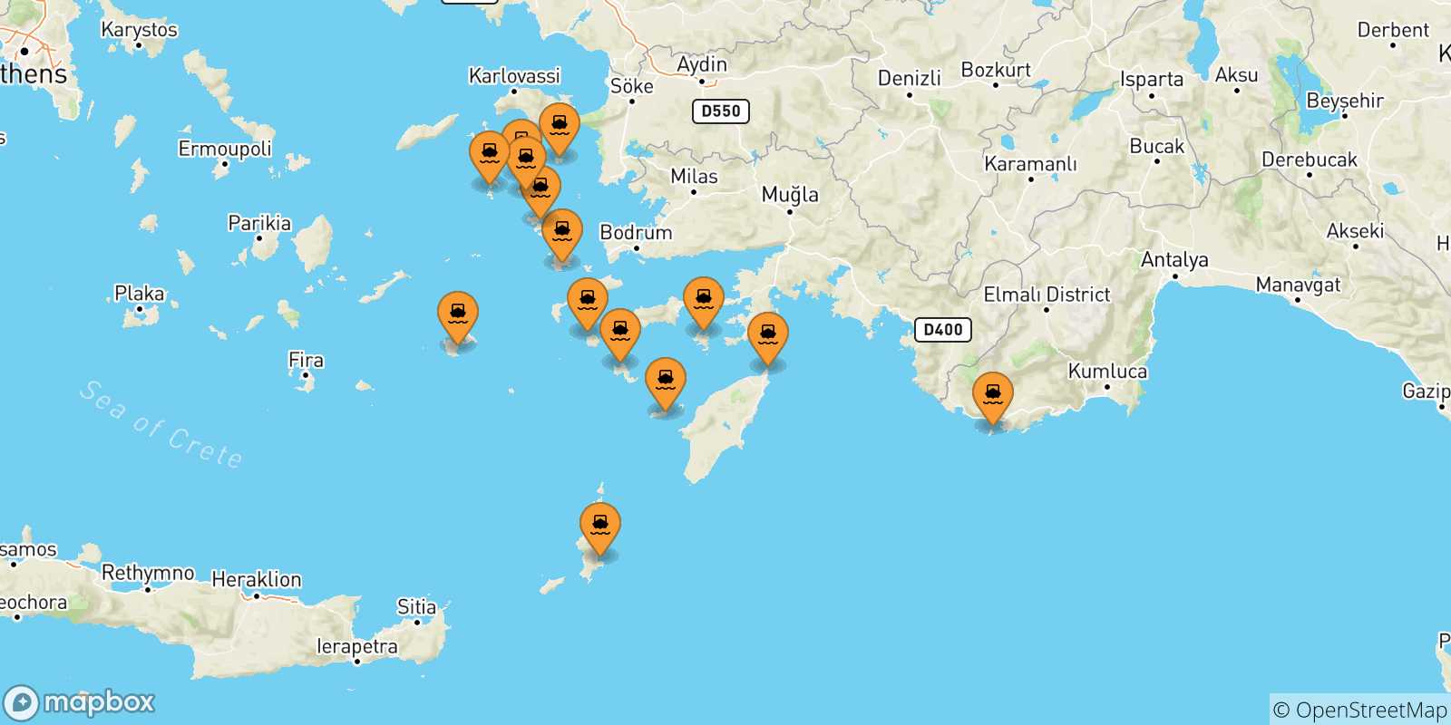 Carte des traversées possibles entre Îles Du Dodécanèse et Kos
