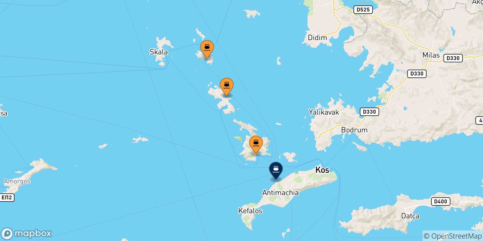 Carte des traversées possibles entre la Grèce et Mastihari (Kos)