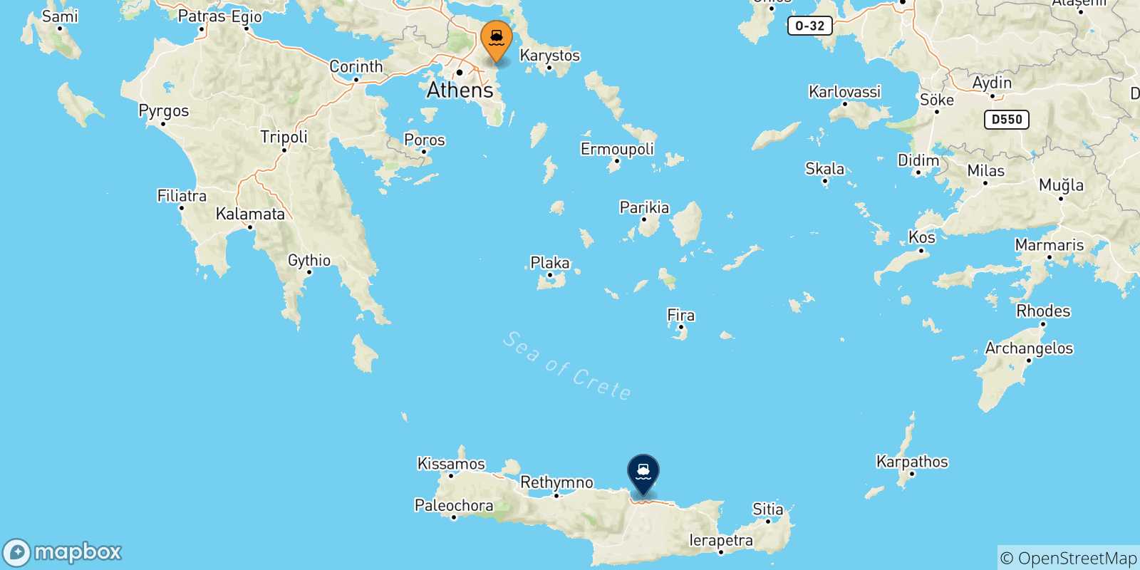Carte des traversées possibles entre Rafina et la Crète