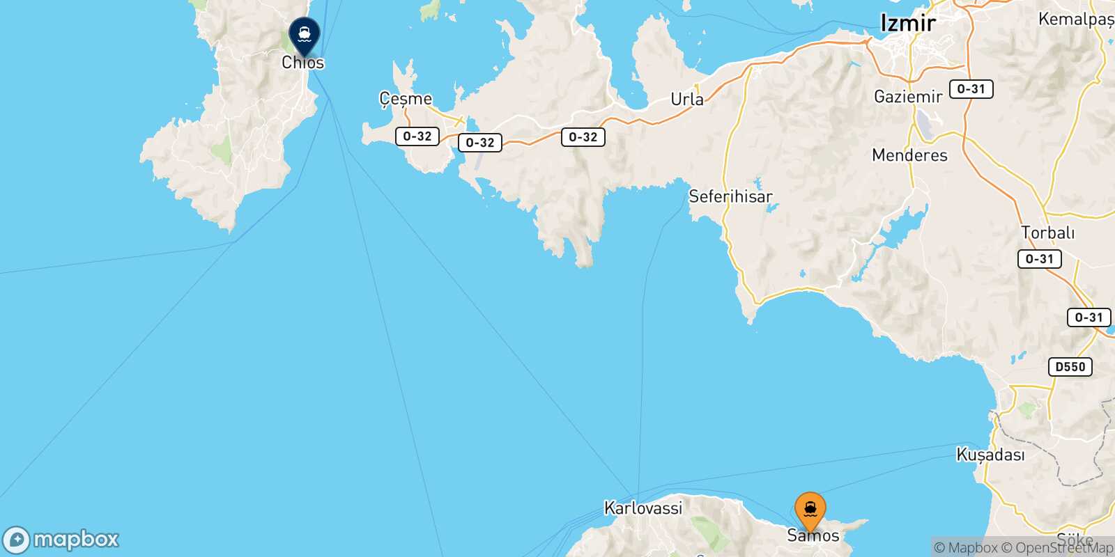Carte des traverséesVathi (Samos) Chios