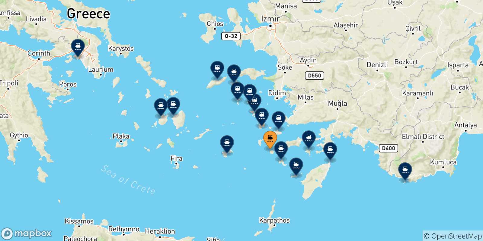 Carte des traversées possibles entre Nisyros et la Grèce