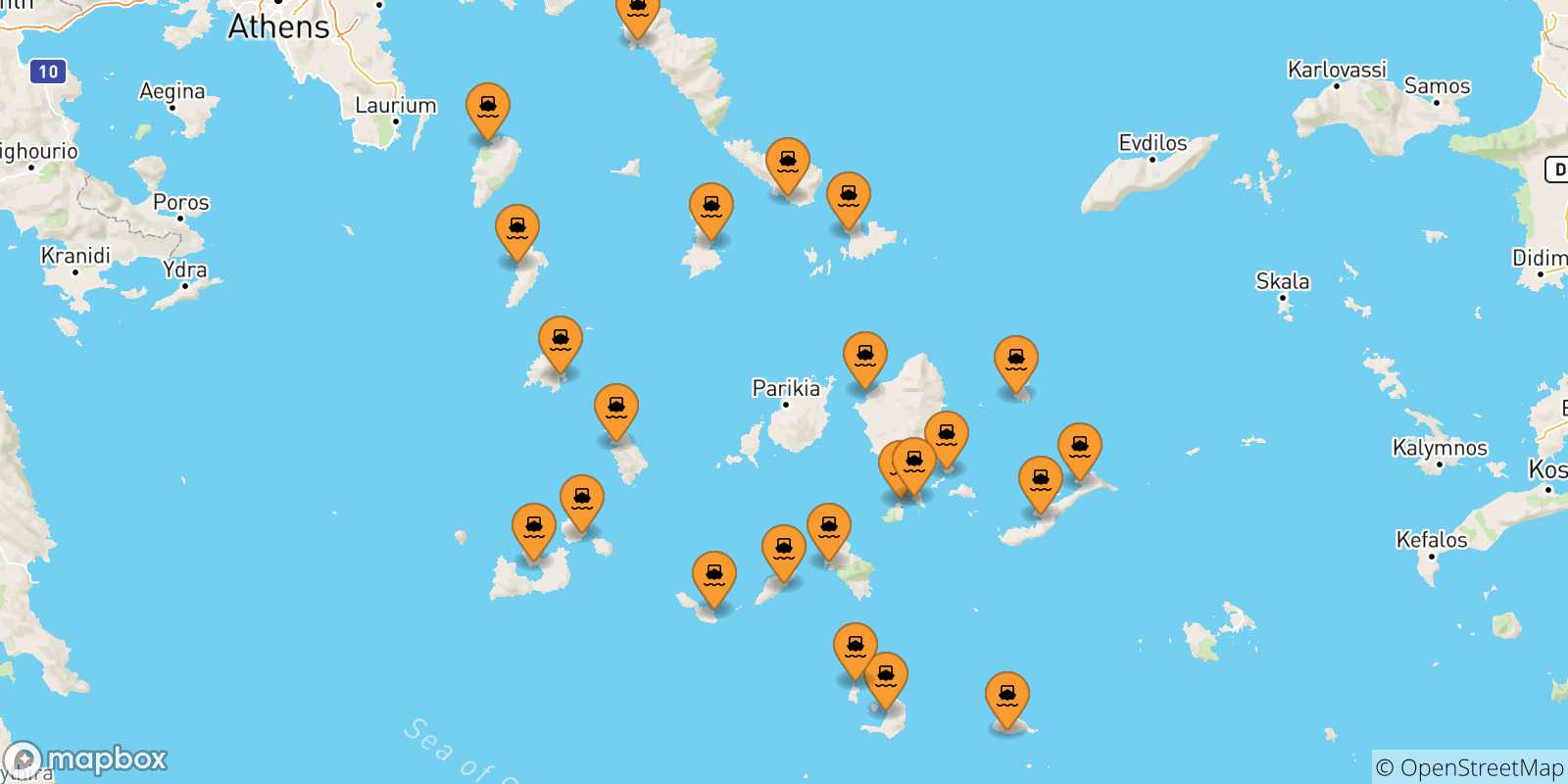 Carte des traversées possibles entre Îles Des Cyclades et Paros