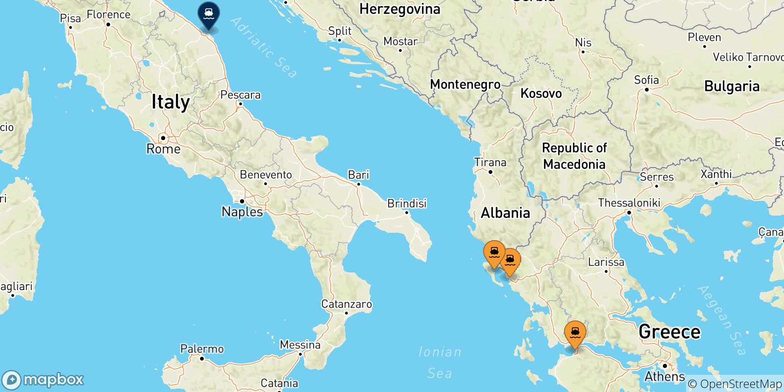 Carte des traversées possibles entre la Grèce et Ancône