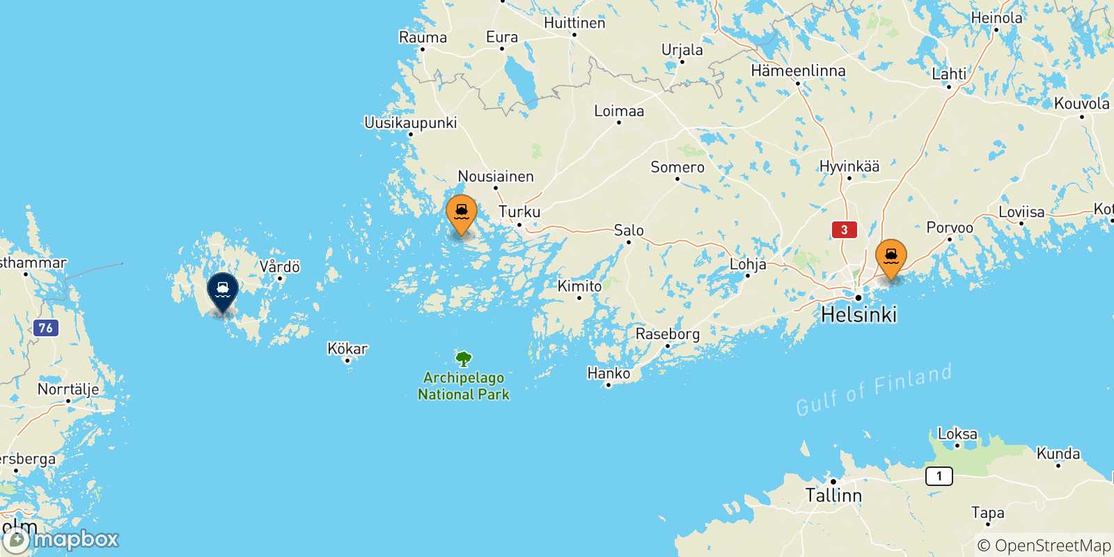 Carte des traversées possibles entre la Finlande et Mariehamn