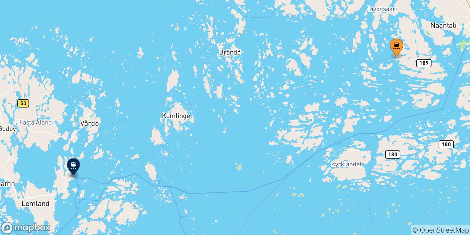 Carte des traversées possibles entre Naantali et la Finlande