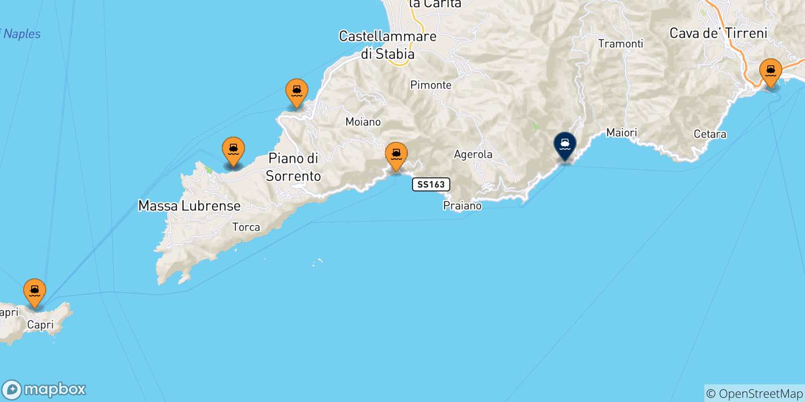 Carte des traversées possibles entre l'Italie et Amalfi