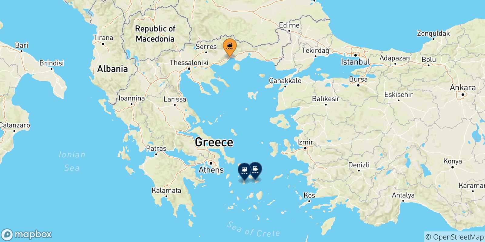 Carte des traversées possibles entre Kavala et Îles Des Cyclades