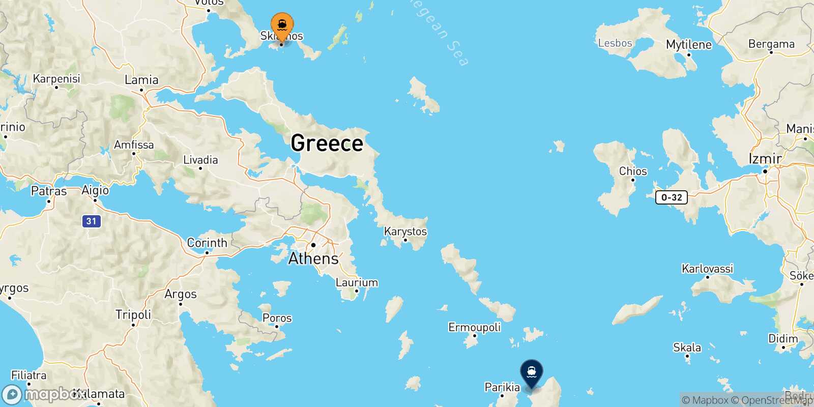 Carte des traverséesSkiathos Naxos