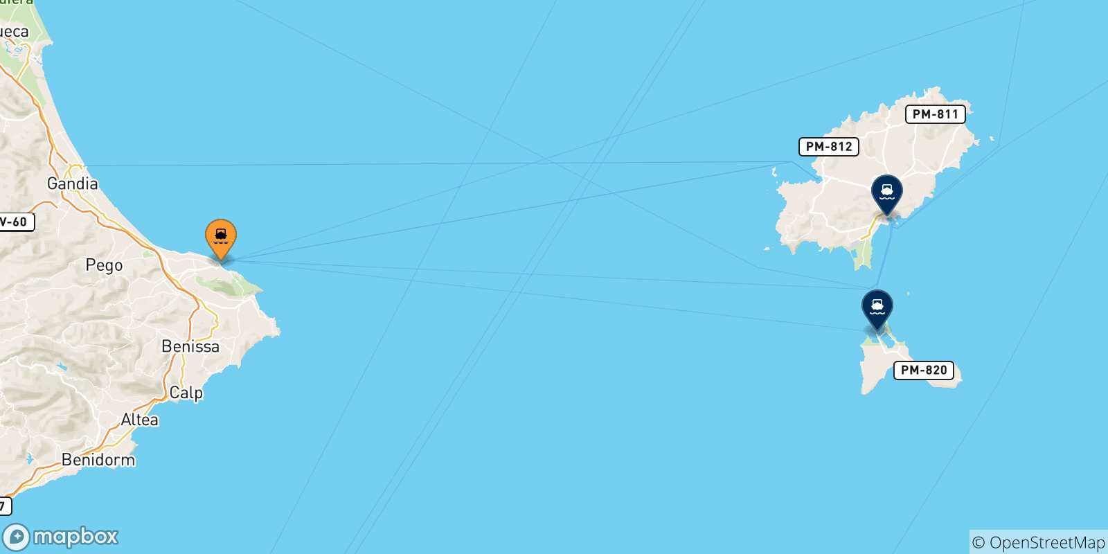 Carte des traversées possibles entre Denia et les Îles Baléares
