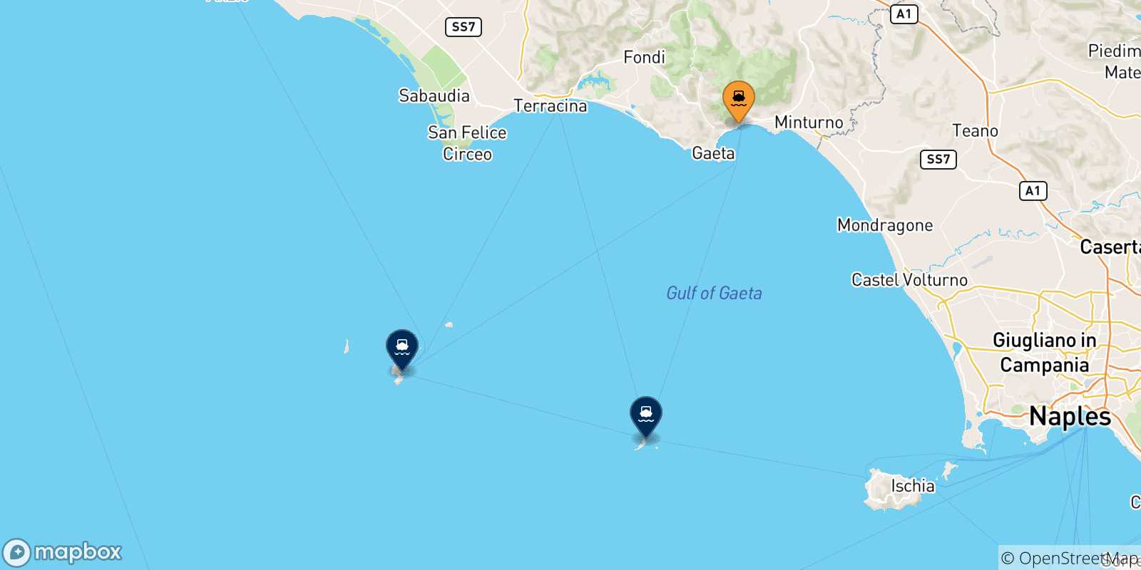 Carte des traversées possibles entre Formia et Îles Pontines