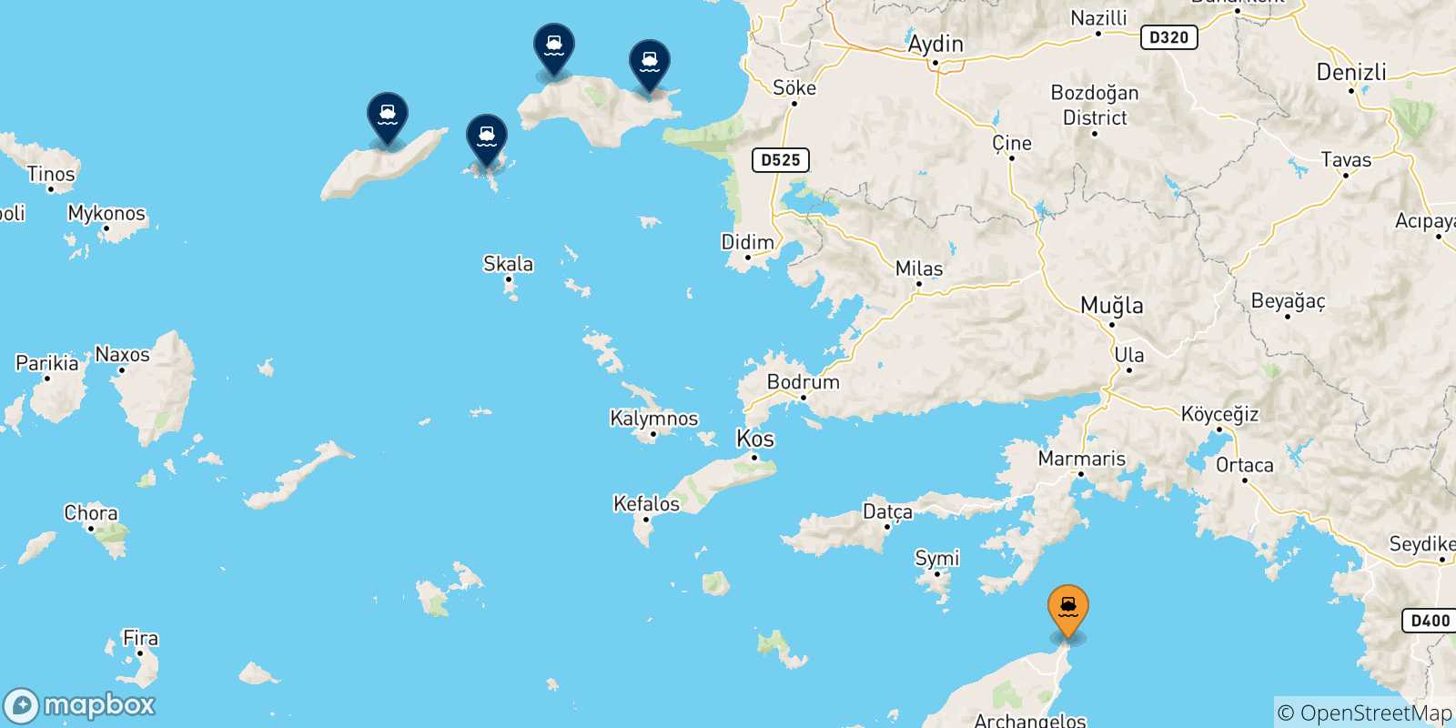 Carte des traversées possibles entre Rhodes et les Îles Égéennes