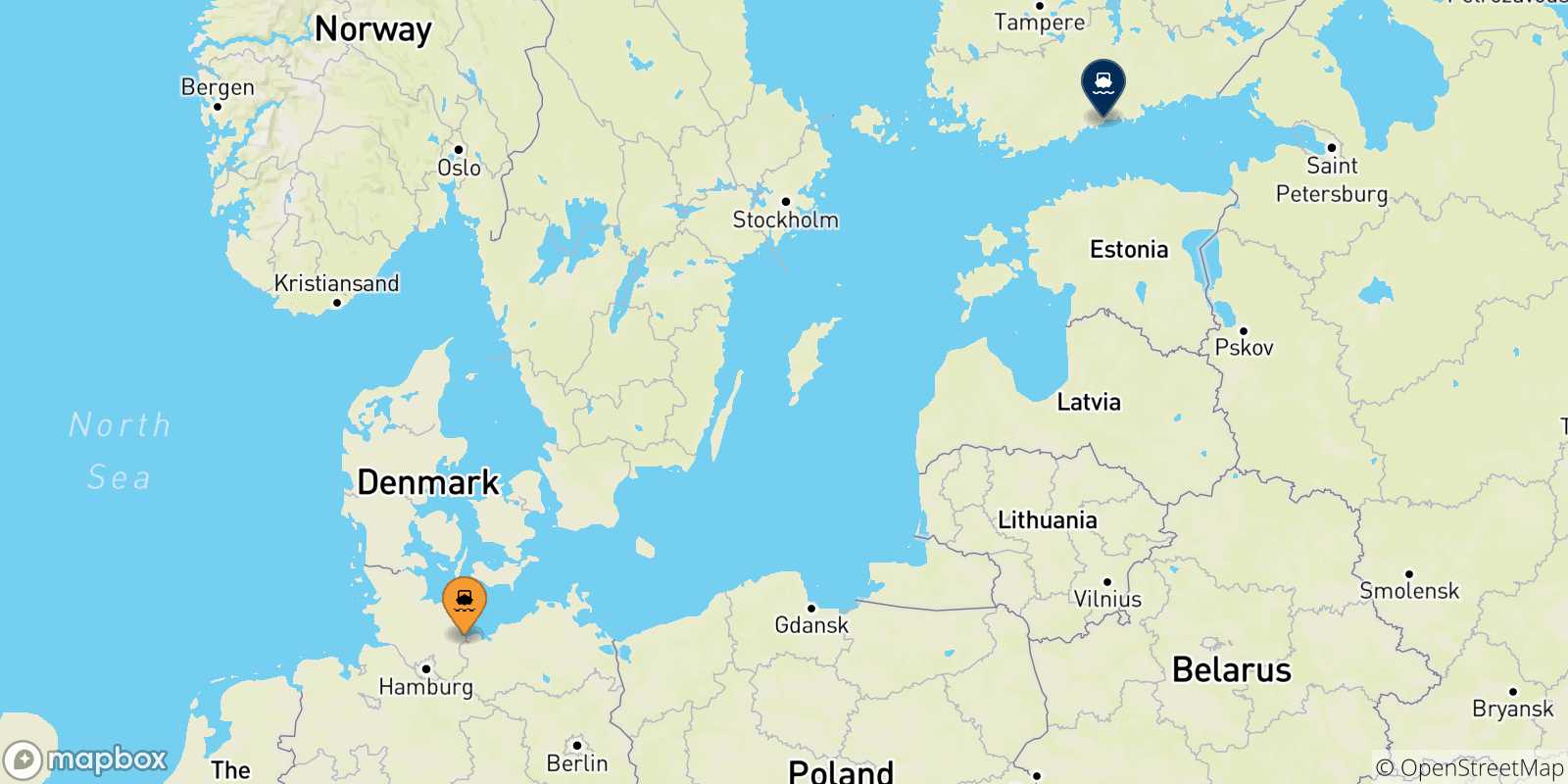 Carte des traversées possibles entre l'Allemagne et Helsinki