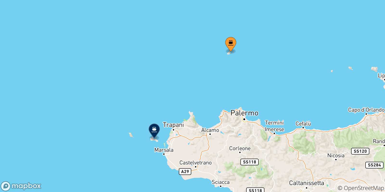 Carte des traversées possibles entre l'Île D'ustica et les Îles Égades