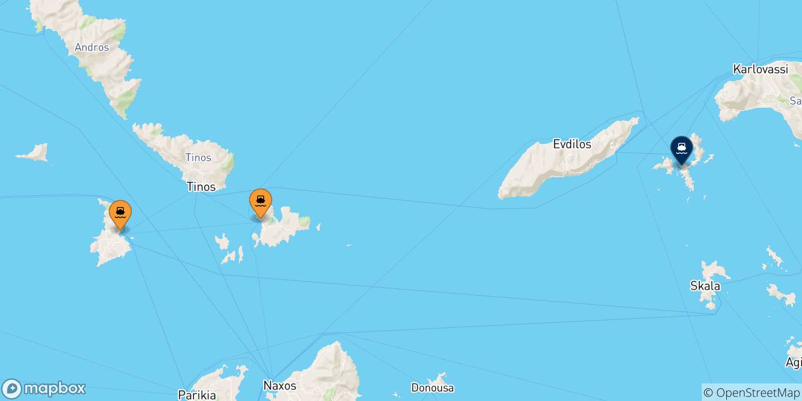 Carte des traversées possibles entre Îles Des Cyclades et Fourni