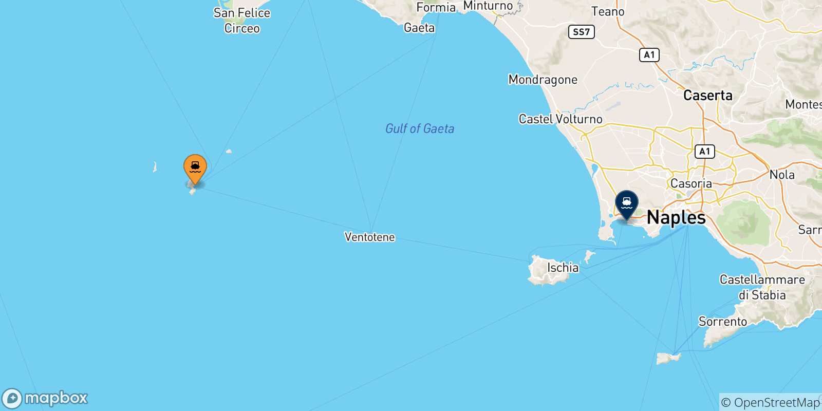 Carte des traversées possibles entre Ponza et le Golf De Naples
