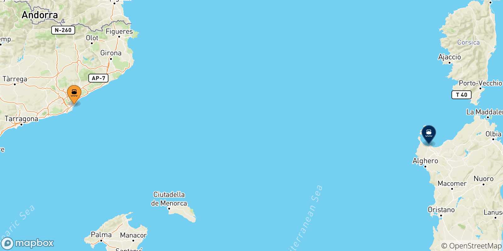 Carte des traversées possibles entre l'Espagne et Porto Torres