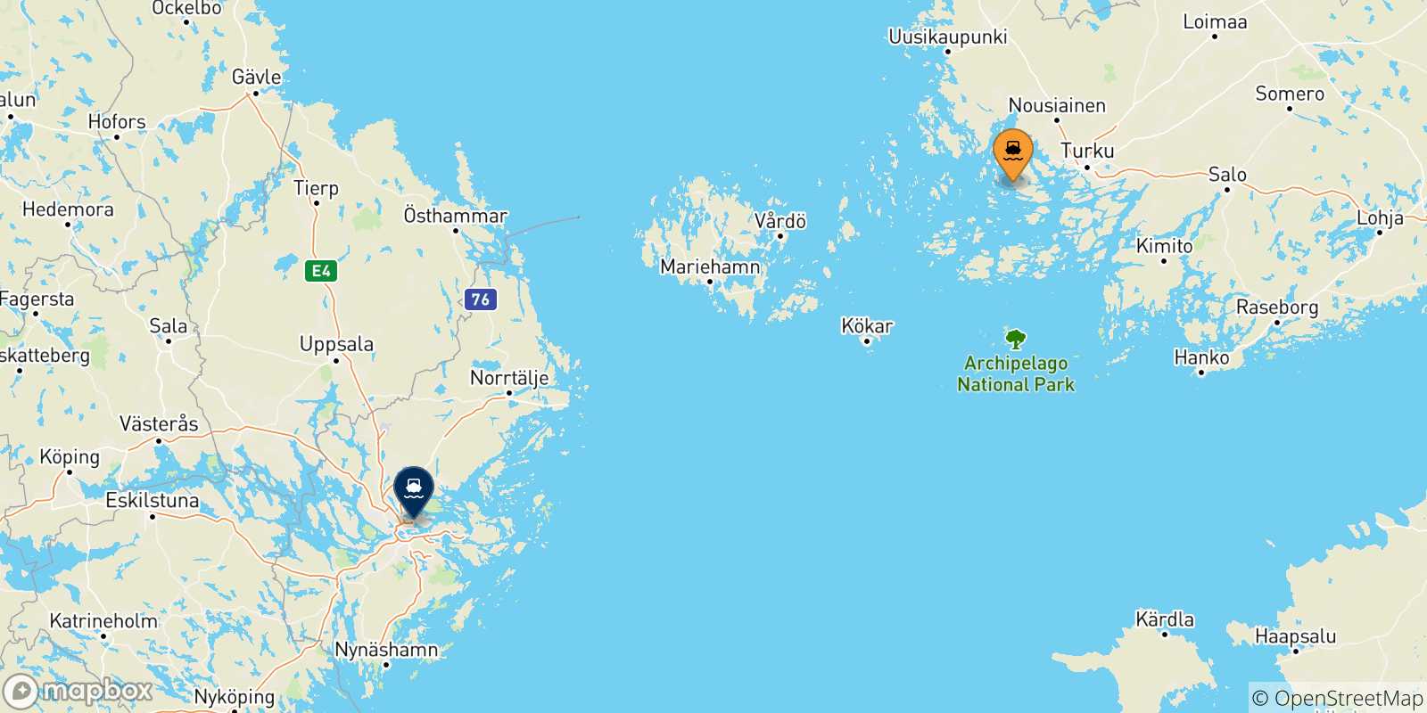 Carte des traversées possibles entre Turku et la Suède
