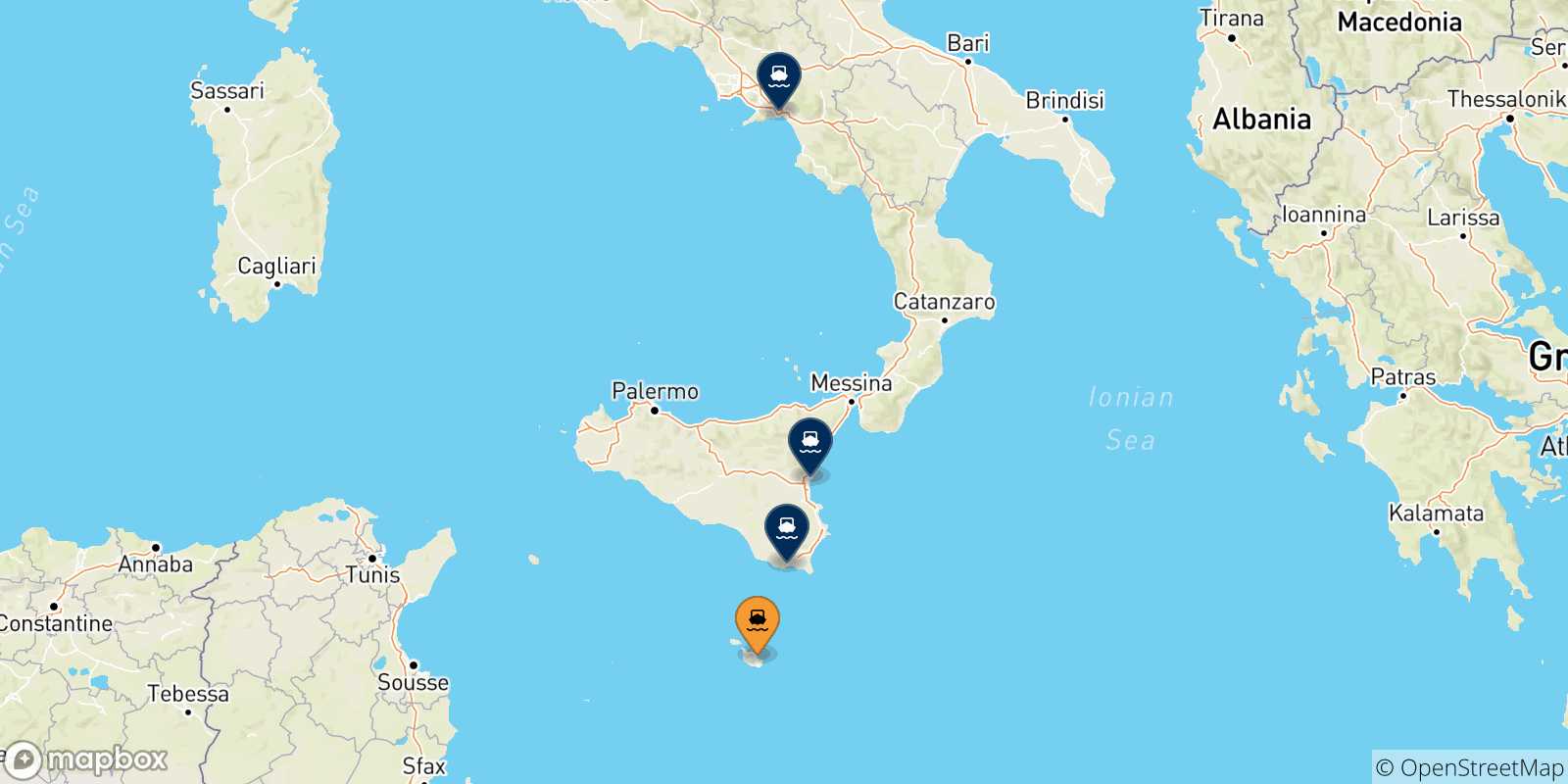 Carte des traversées possibles entre La Valletta (Malte) et l'Italie