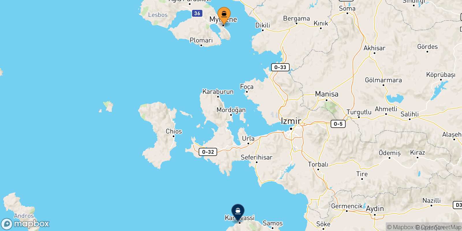 Carte des traverséesMytilene (Lesvos) Karlovassi (Samos)