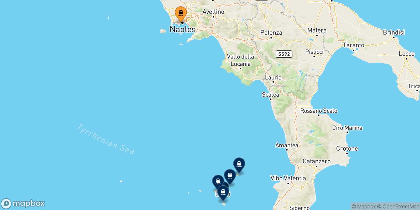 Carte des destinations de Naples Mergellina